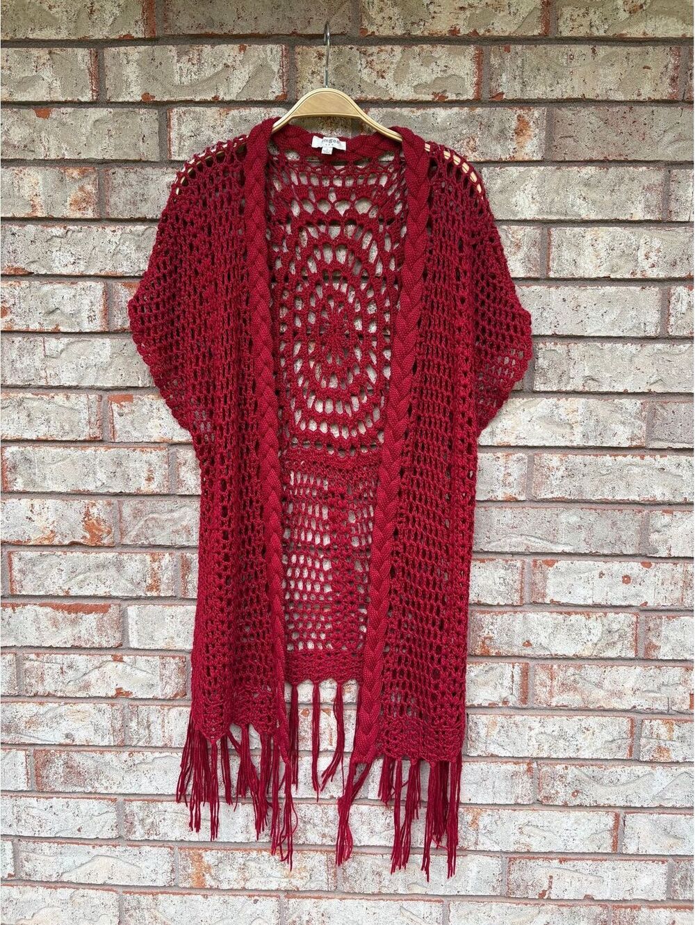 Umgee | Crochet Knit Fringe Kimono Red Size S